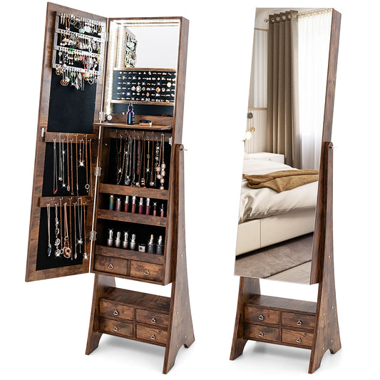Freestanding Full Length LED Mirrored Jewelry Armoire with 6 Drawers-Rustic Brown Kids Crystal