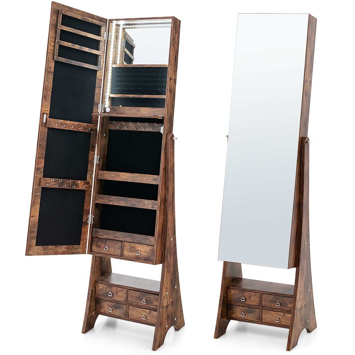 Freestanding Full Length LED Mirrored Jewelry Armoire with 6 Drawers-Rustic Brown Kids Crystal