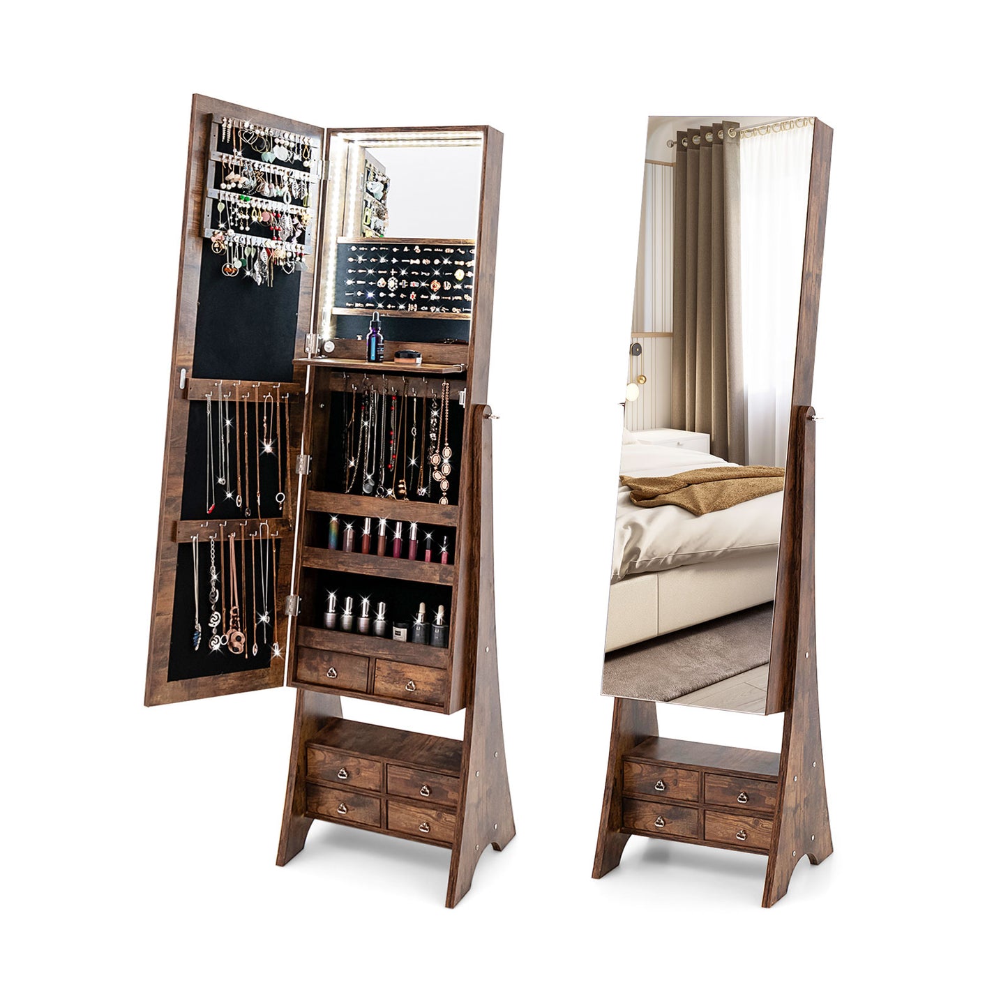 Freestanding Full Length LED Mirrored Jewelry Armoire with 6 Drawers-Rustic Brown Kids Crystal