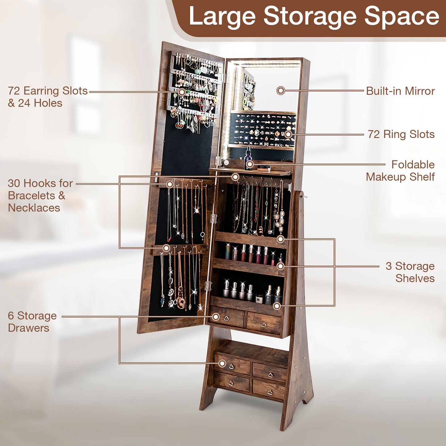 Freestanding Full Length LED Mirrored Jewelry Armoire with 6 Drawers-Rustic Brown Kids Crystal