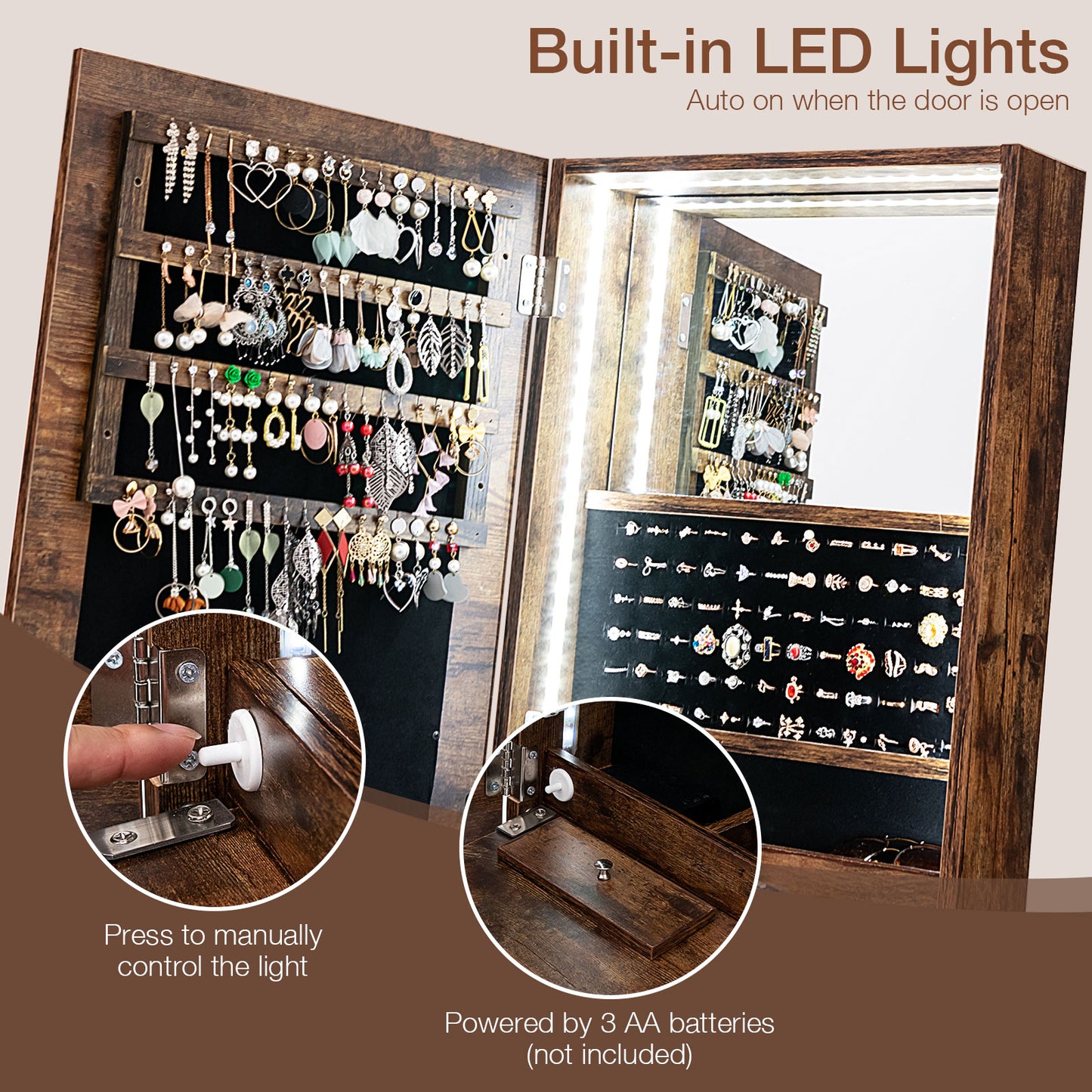 Freestanding Full Length LED Mirrored Jewelry Armoire with 6 Drawers-Rustic Brown Kids Crystal