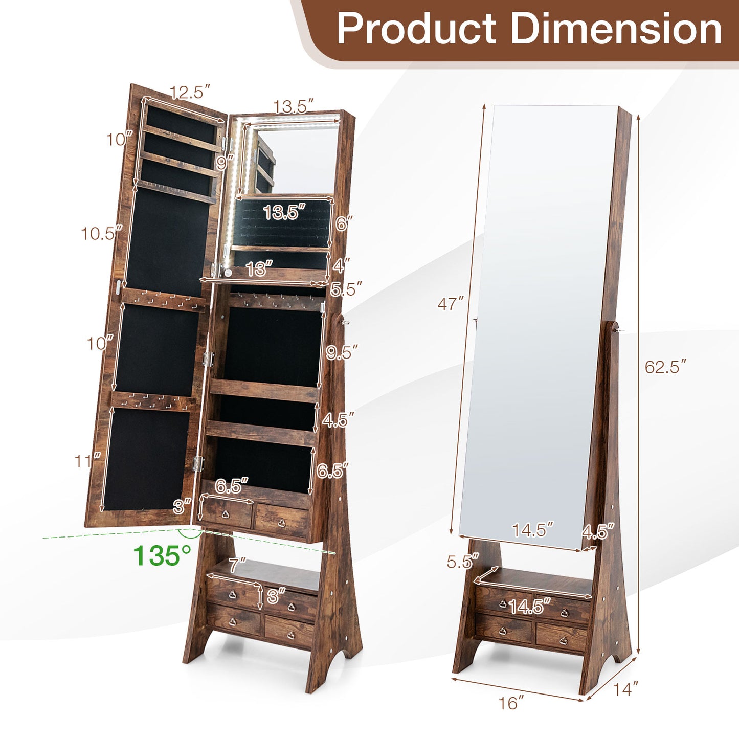 Freestanding Full Length LED Mirrored Jewelry Armoire with 6 Drawers-Rustic Brown Kids Crystal