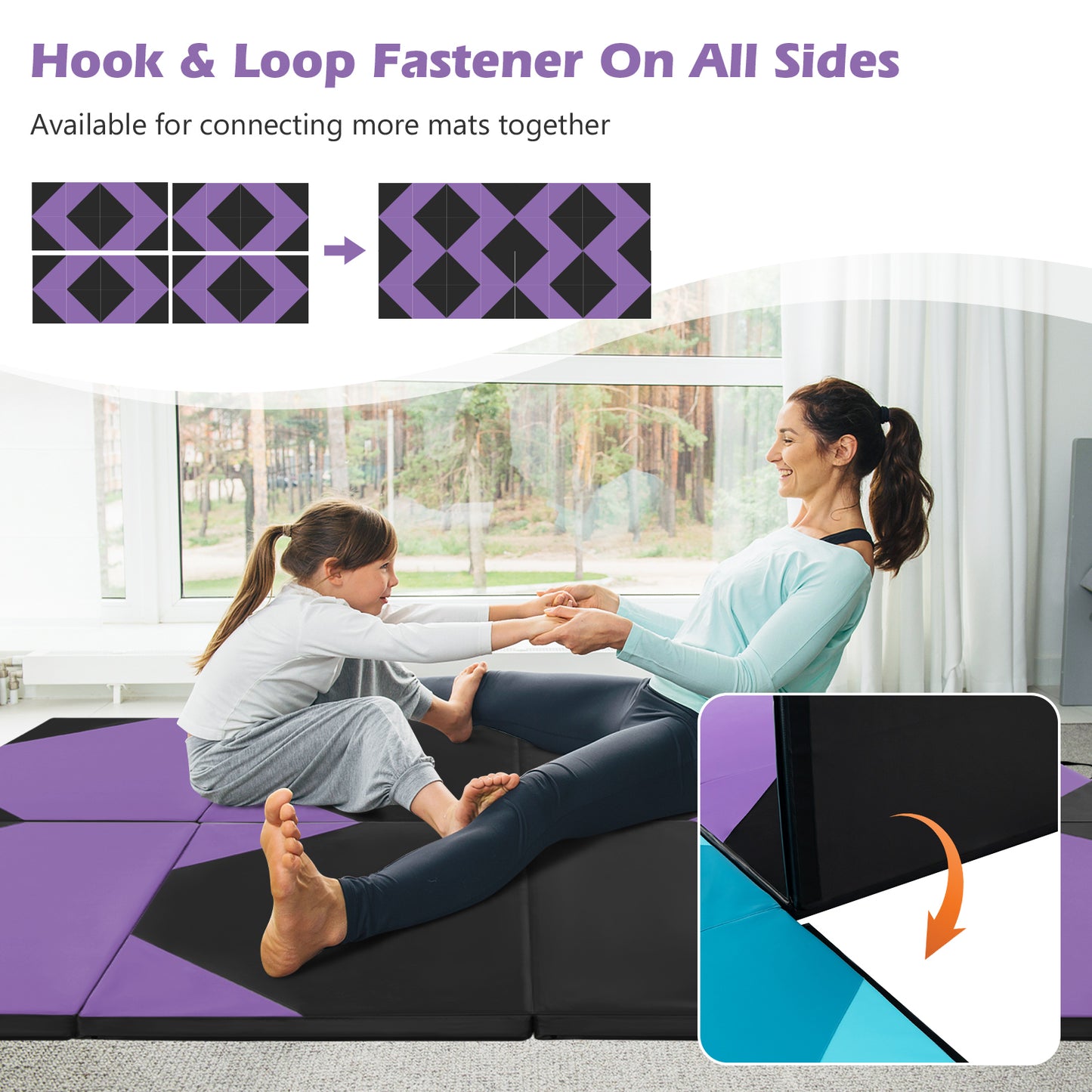 10 Feet x 4 Feet x 2 Inch Folding Exercise Mat with Hook and Loop Fasteners-Purple Kids Crystal