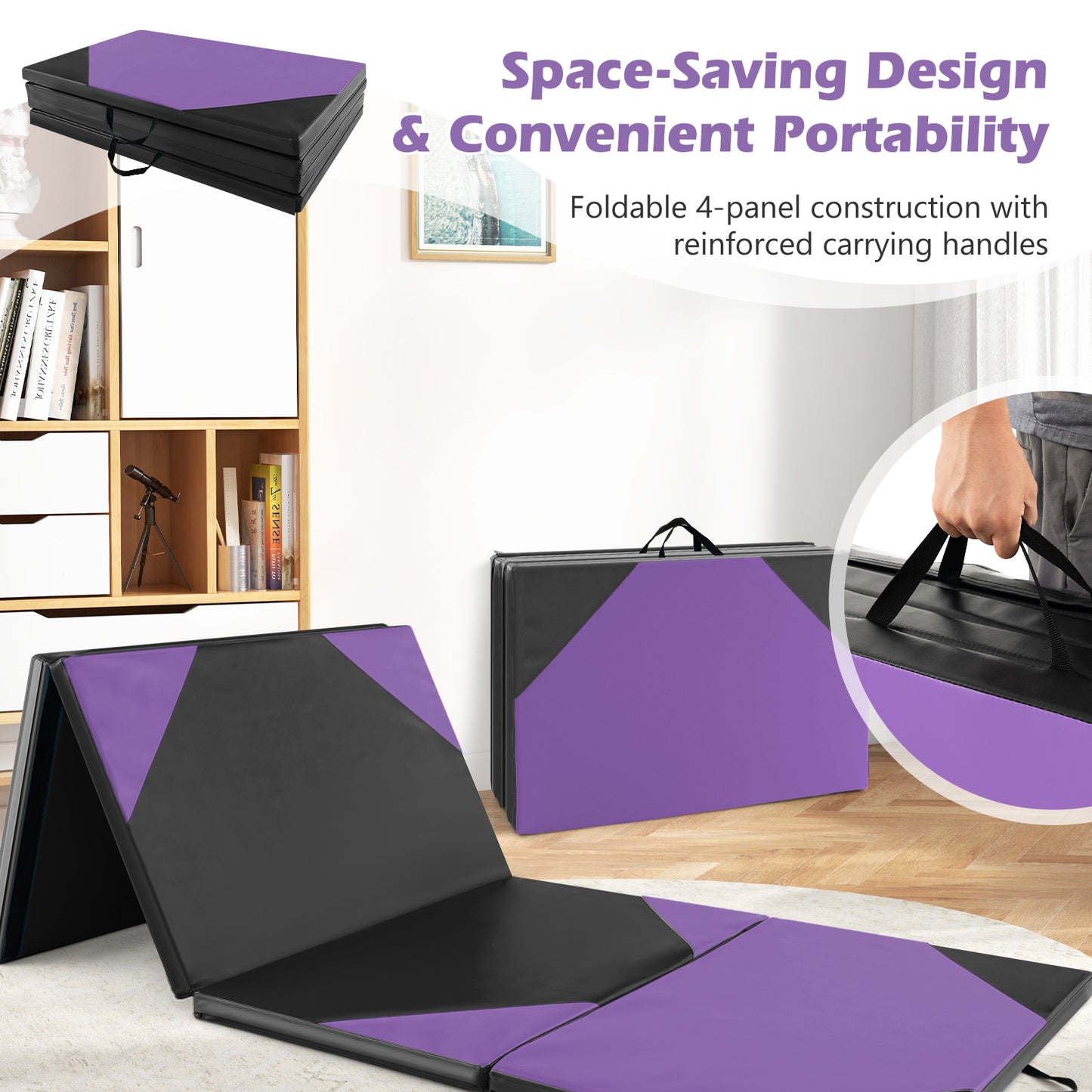 10 Feet x 4 Feet x 2 Inch Folding Exercise Mat with Hook and Loop Fasteners-Purple Kids Crystal