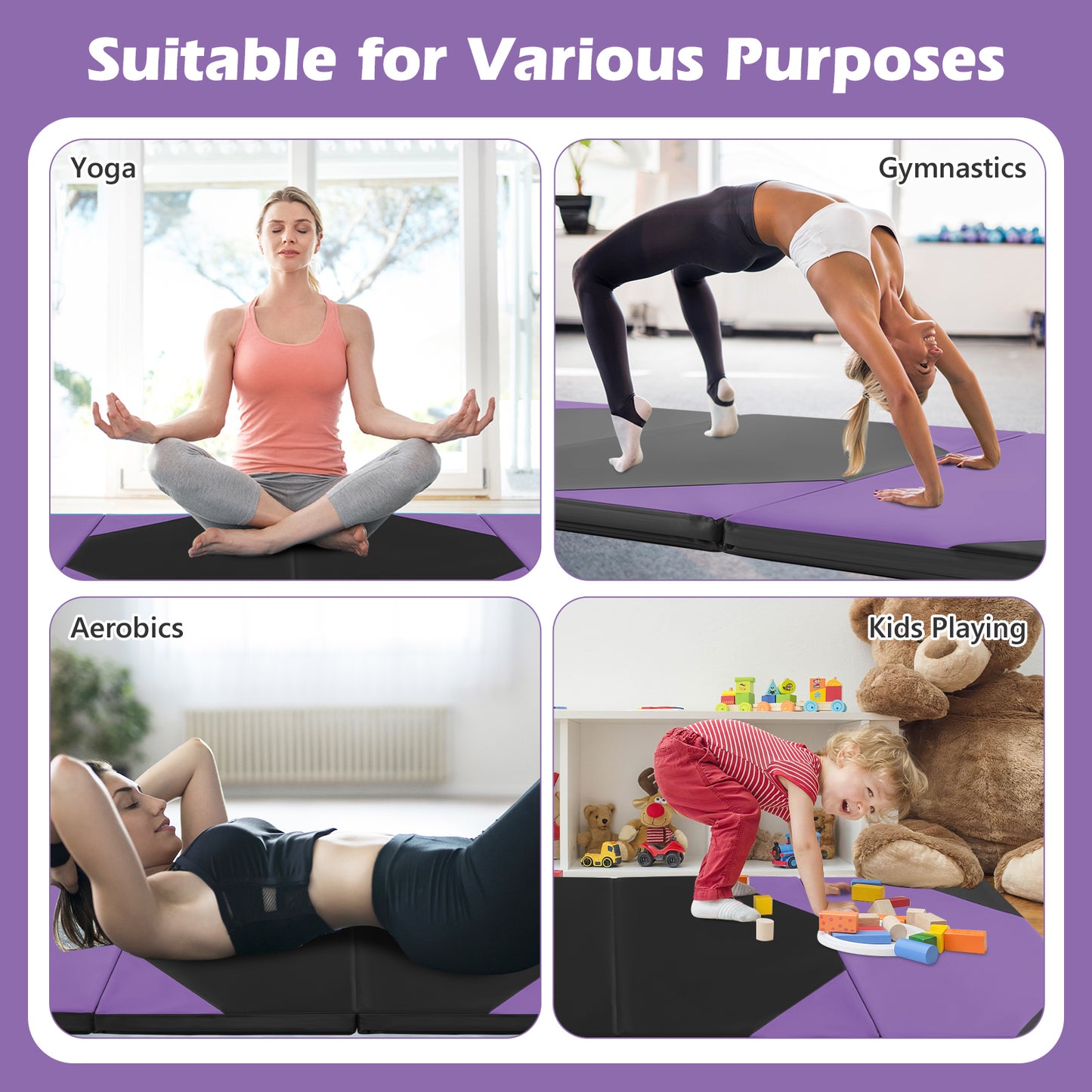 10 Feet x 4 Feet x 2 Inch Folding Exercise Mat with Hook and Loop Fasteners-Purple Kids Crystal