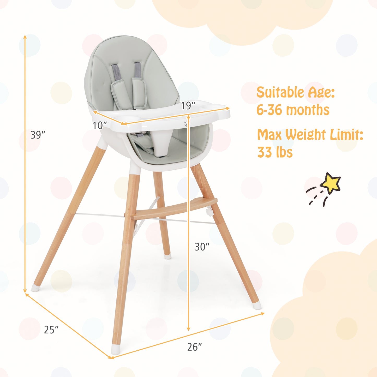 Baby High Chair with Dishwasher Safe Tray-Gray Kids Crystal