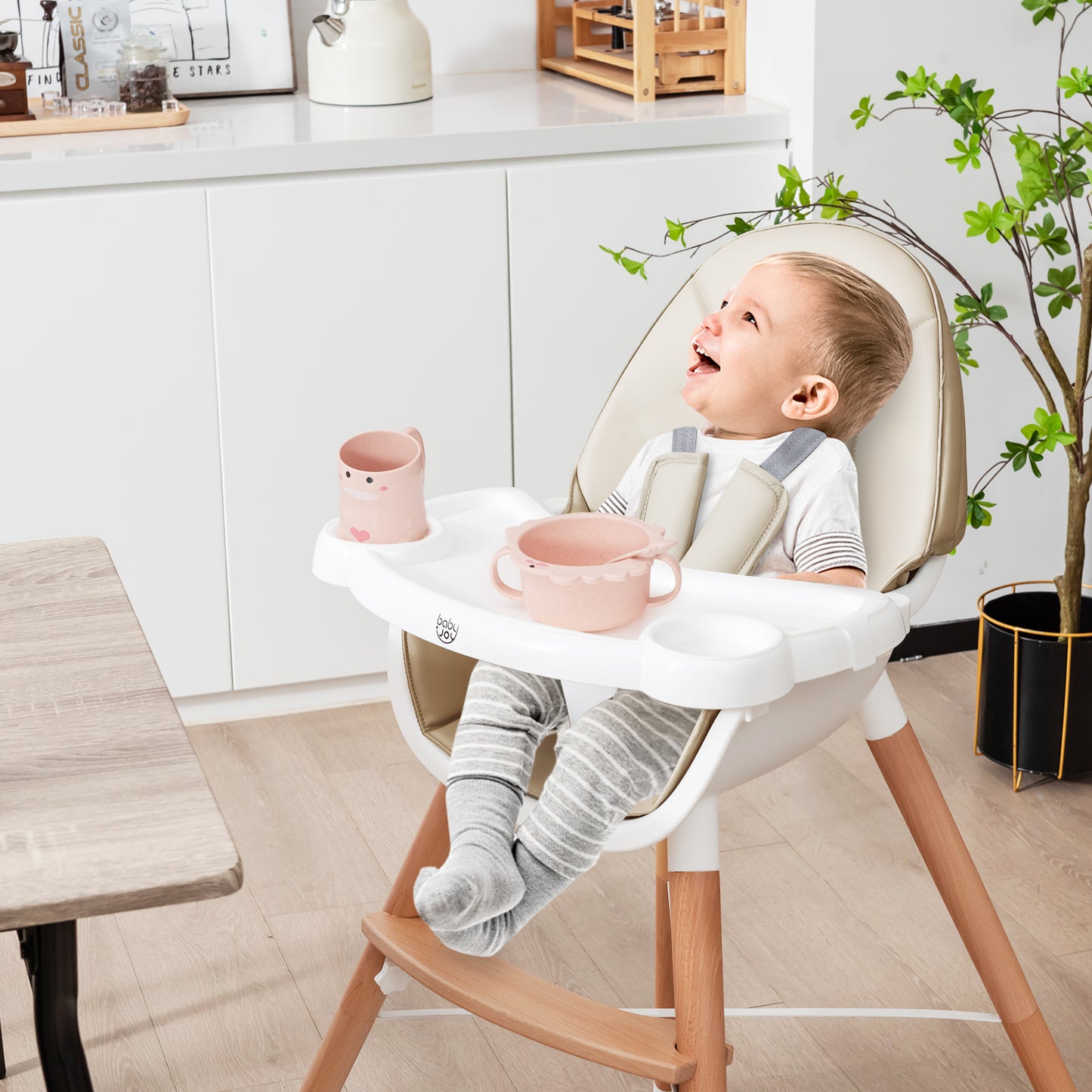 Baby High Chair with Dishwasher Safe Tray-Beige Kids Crystal