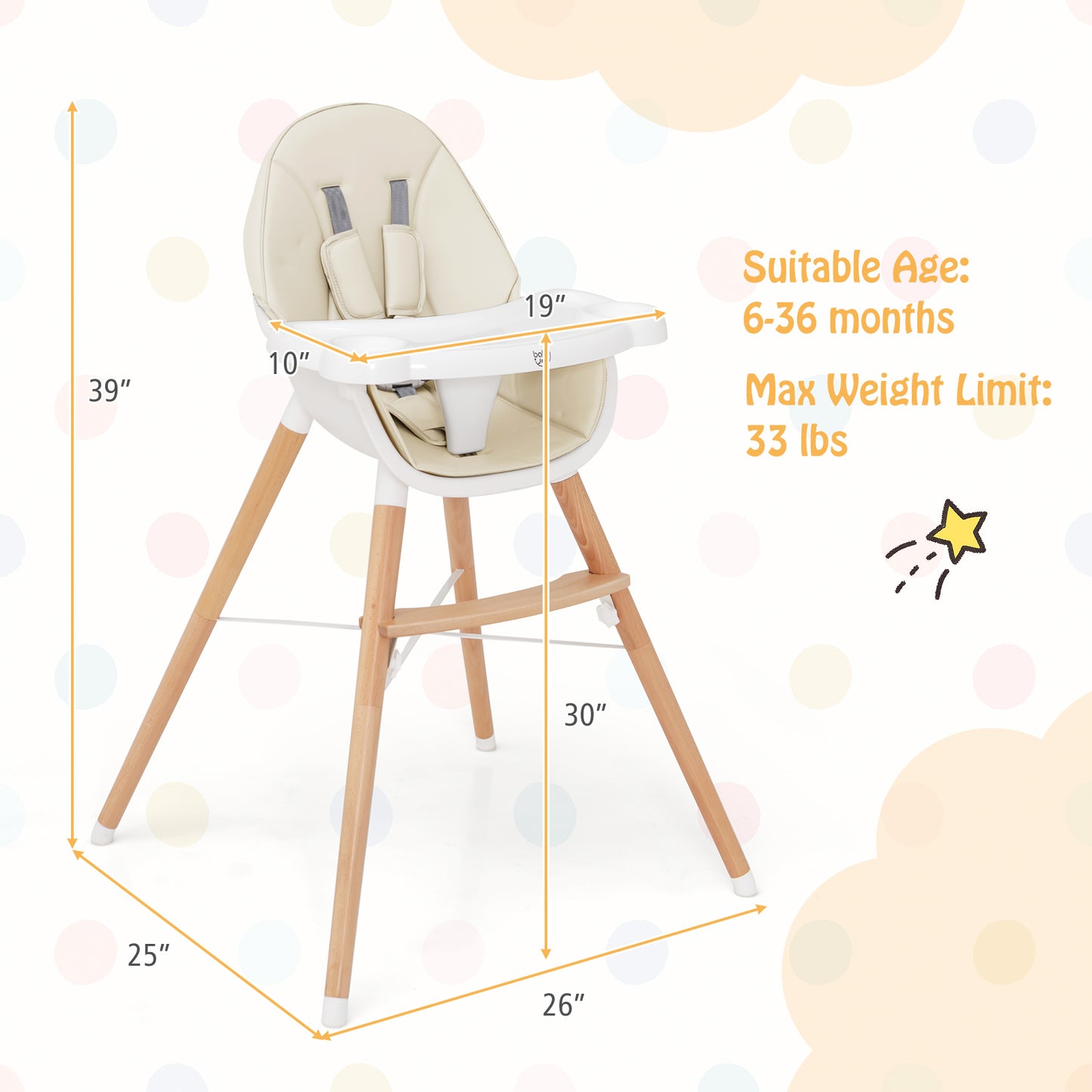 Baby High Chair with Dishwasher Safe Tray-Beige Kids Crystal