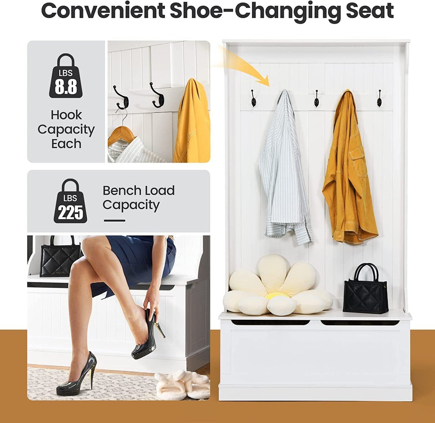 3-in-1 Entryway Hall Tree Coat Rack Shoe Bench with Hooks and Bottom Storage-White Kids Crystal