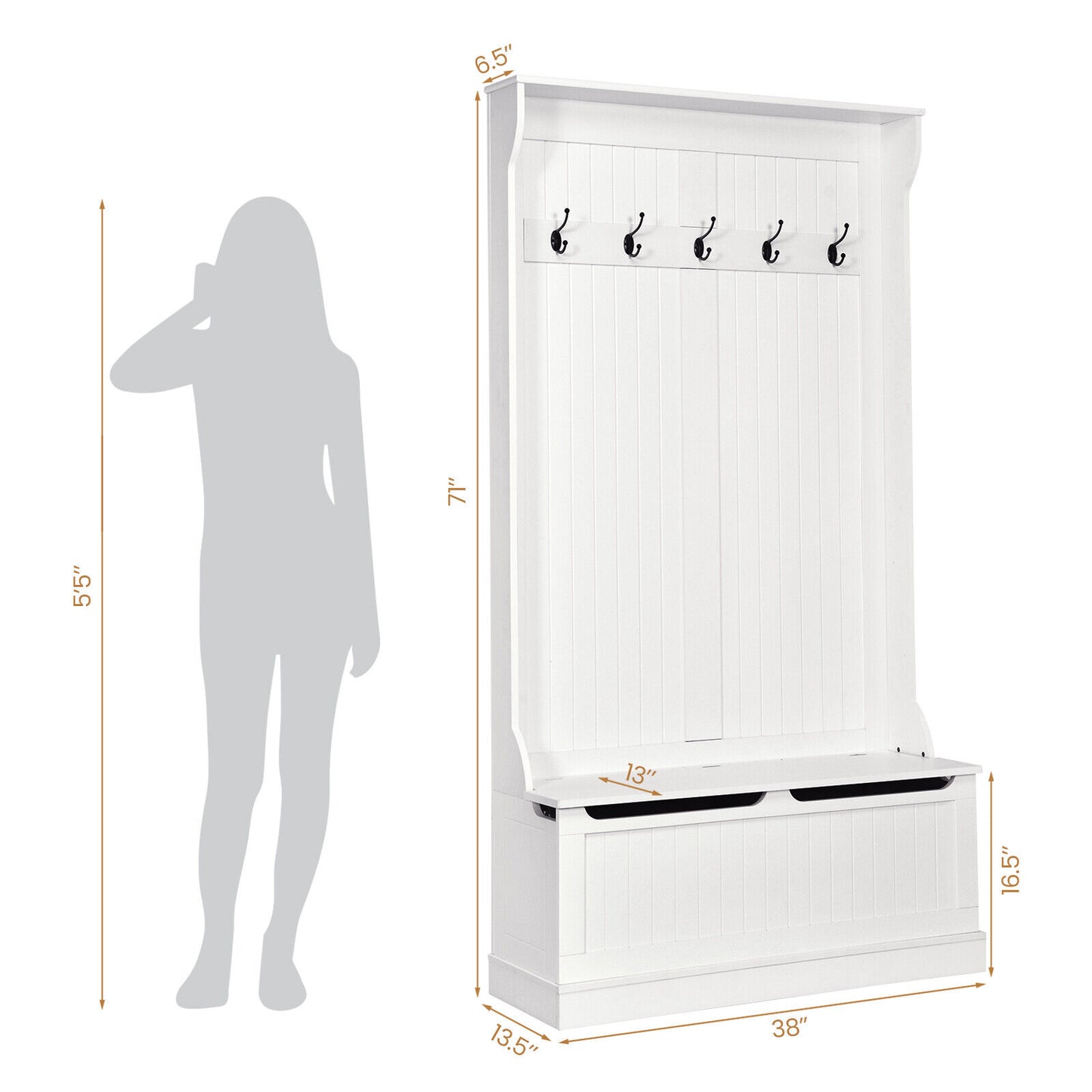 3-in-1 Entryway Hall Tree Coat Rack Shoe Bench with Hooks and Bottom Storage-White Kids Crystal