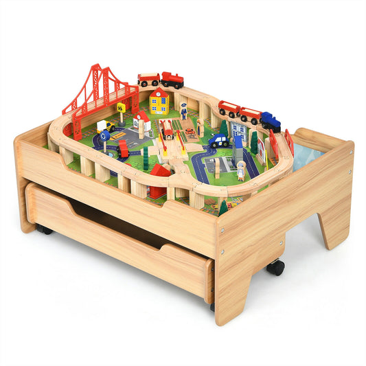 Children's Wooden Railway Set Table with 100 Pieces Storage Drawers Kids Crystal