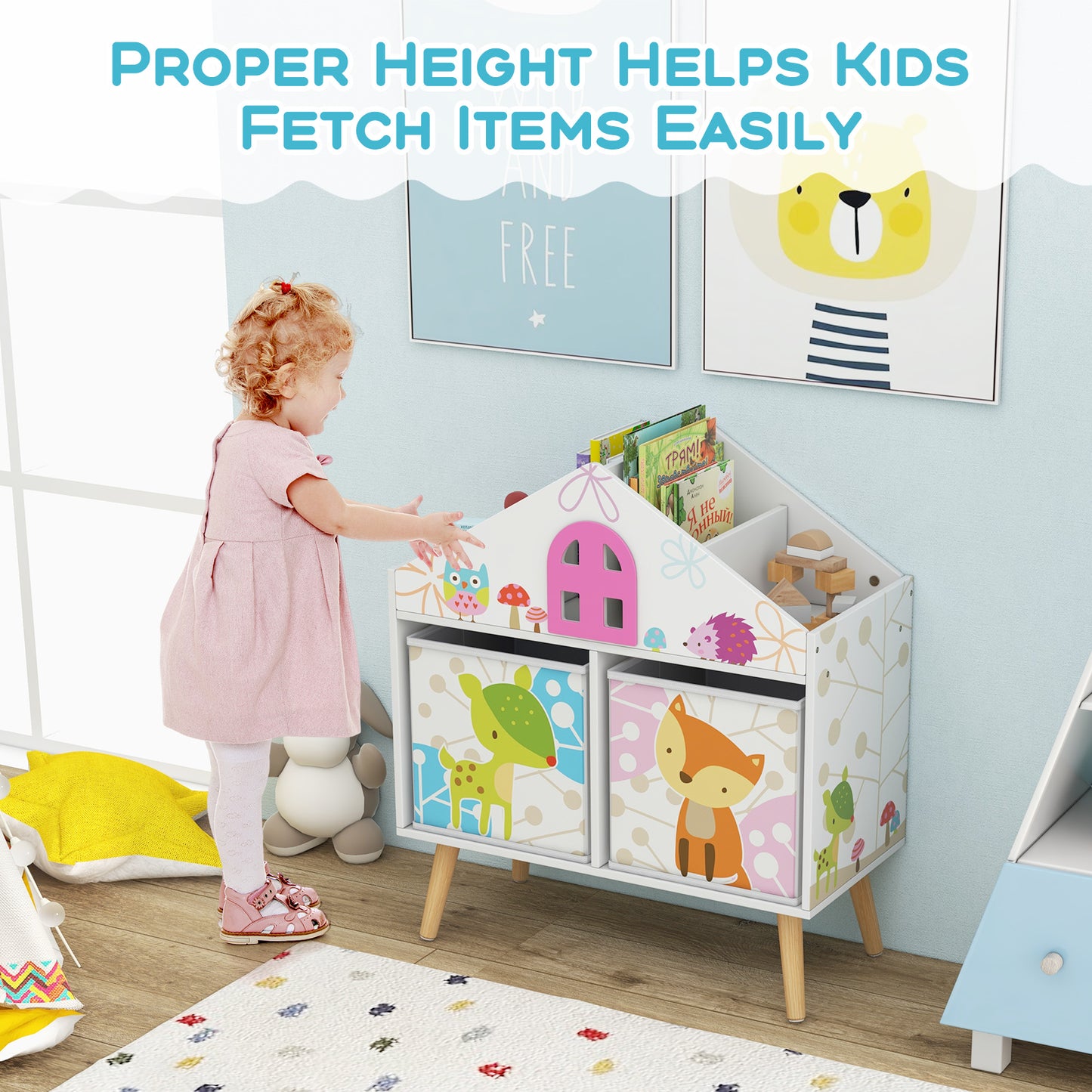 Kids House-shaped Bookshelf with 2 Storage Bins for Kids Room Playroom-White Kids Crystal