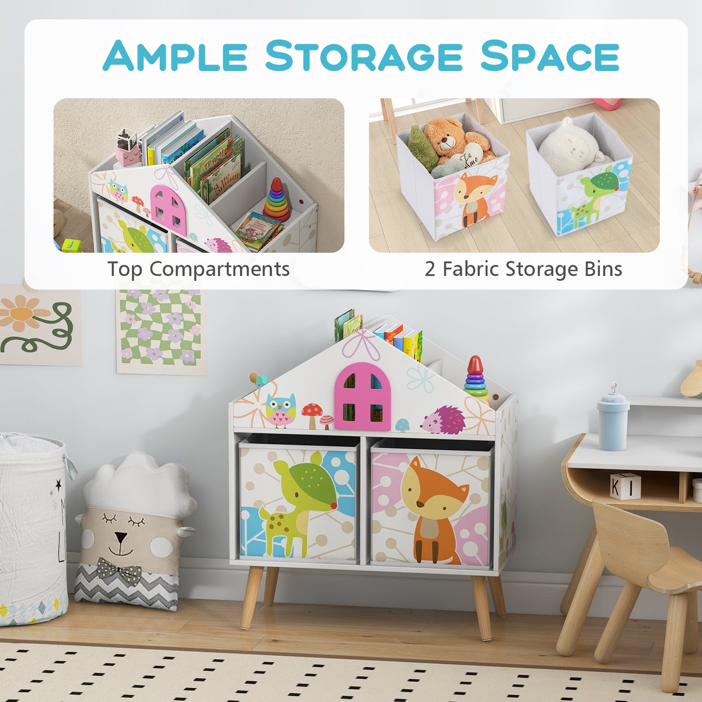 Kids House-shaped Bookshelf with 2 Storage Bins for Kids Room Playroom-White Kids Crystal