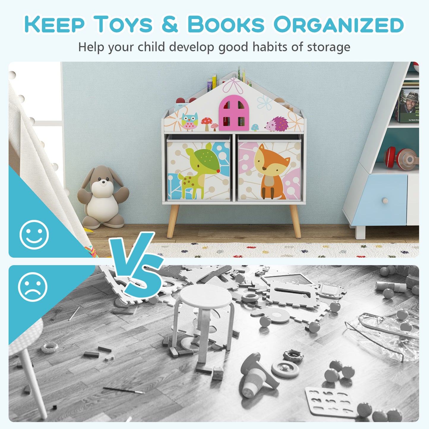 Kids House-shaped Bookshelf with 2 Storage Bins for Kids Room Playroom-White Kids Crystal