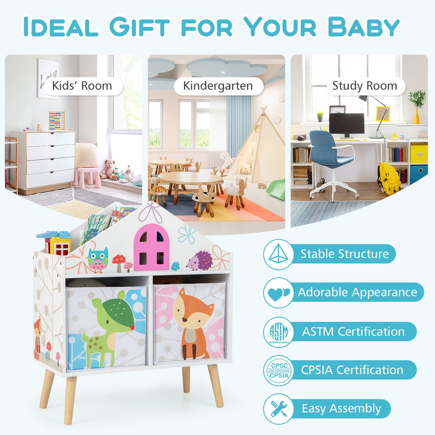 Kids House-shaped Bookshelf with 2 Storage Bins for Kids Room Playroom-White Kids Crystal