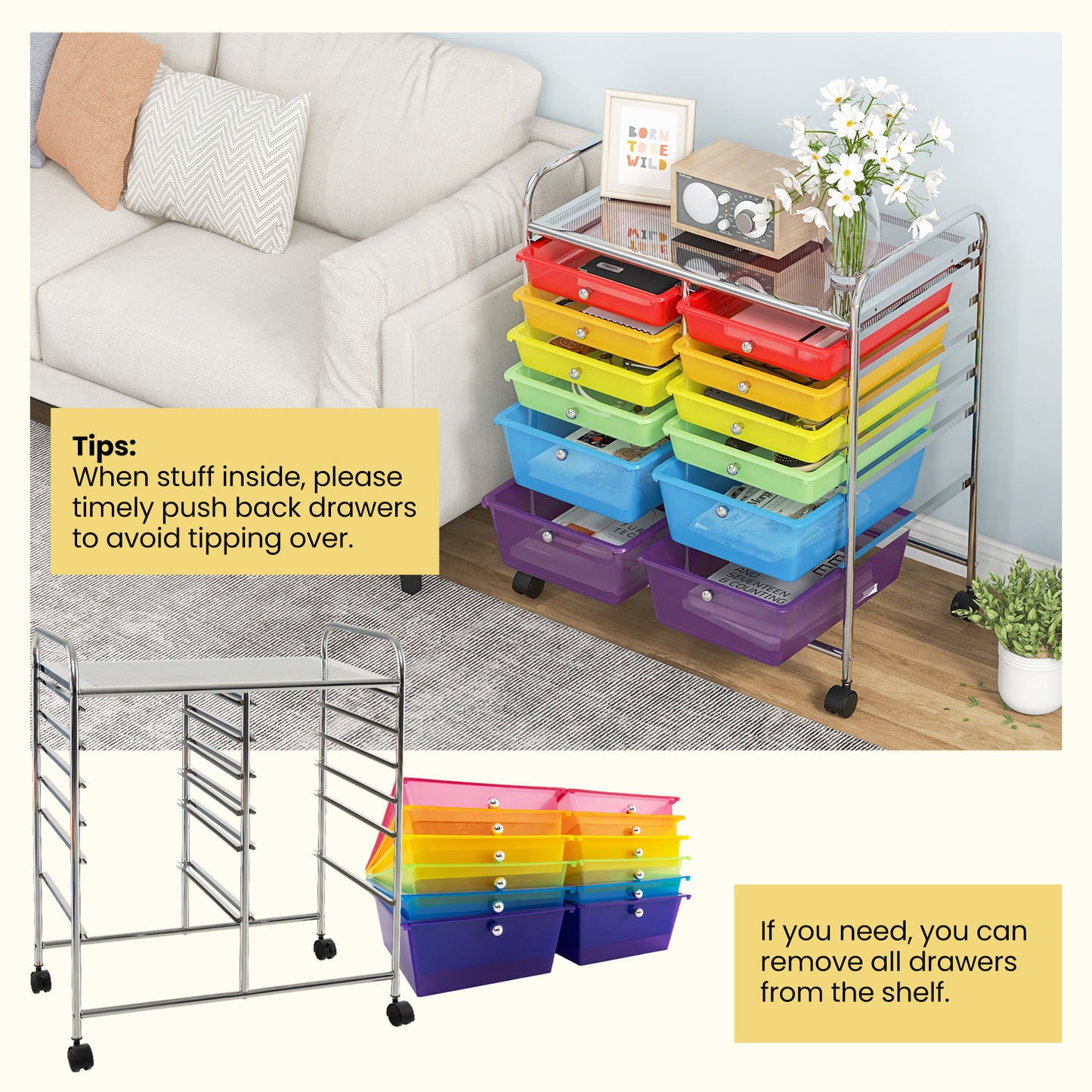 12 Storage Drawer Organizer Bins Rolling Cart-Multicolor Kids Crystal