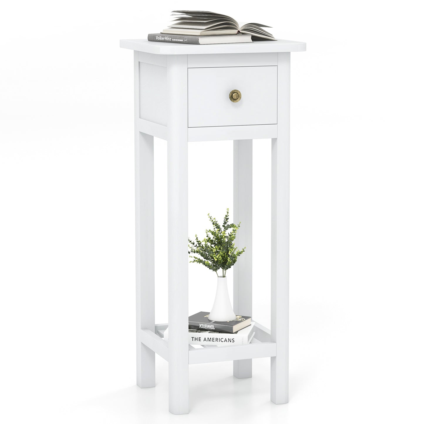 2 Tier Slim Nightstand Bedside Table with Drawer Shelf-White Kids Crystal