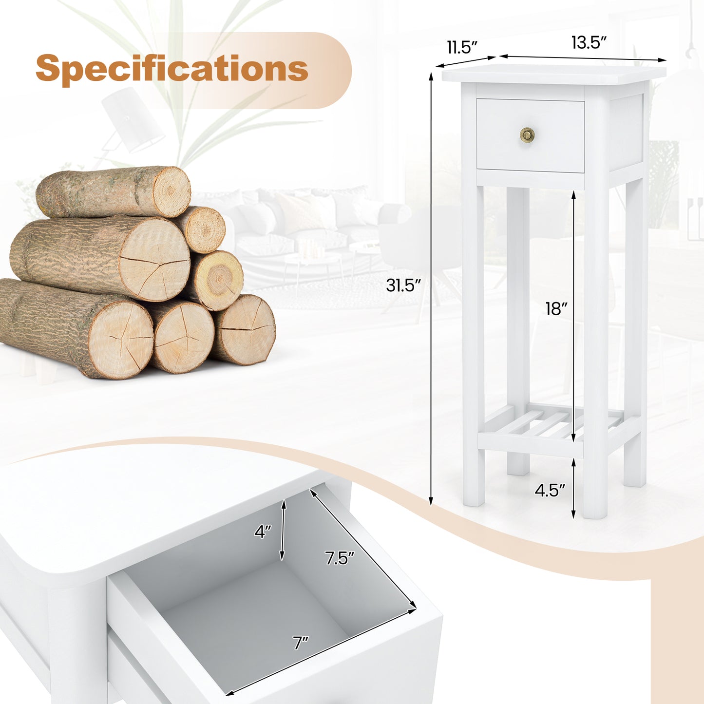 2 Tier Slim Nightstand Bedside Table with Drawer Shelf-White Kids Crystal