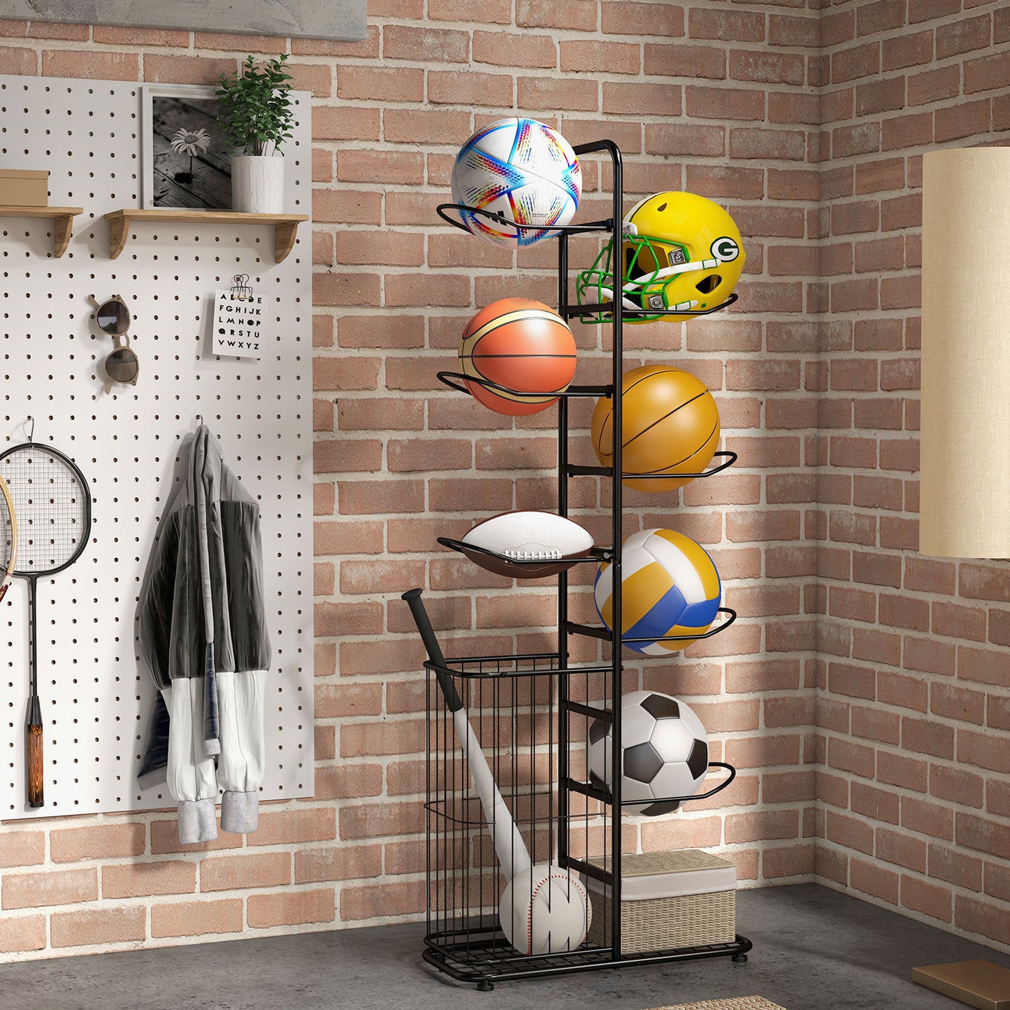 Metal Basketball Holder with 7 Removable Hanging Rods and Side Ball Basket Kids Crystal