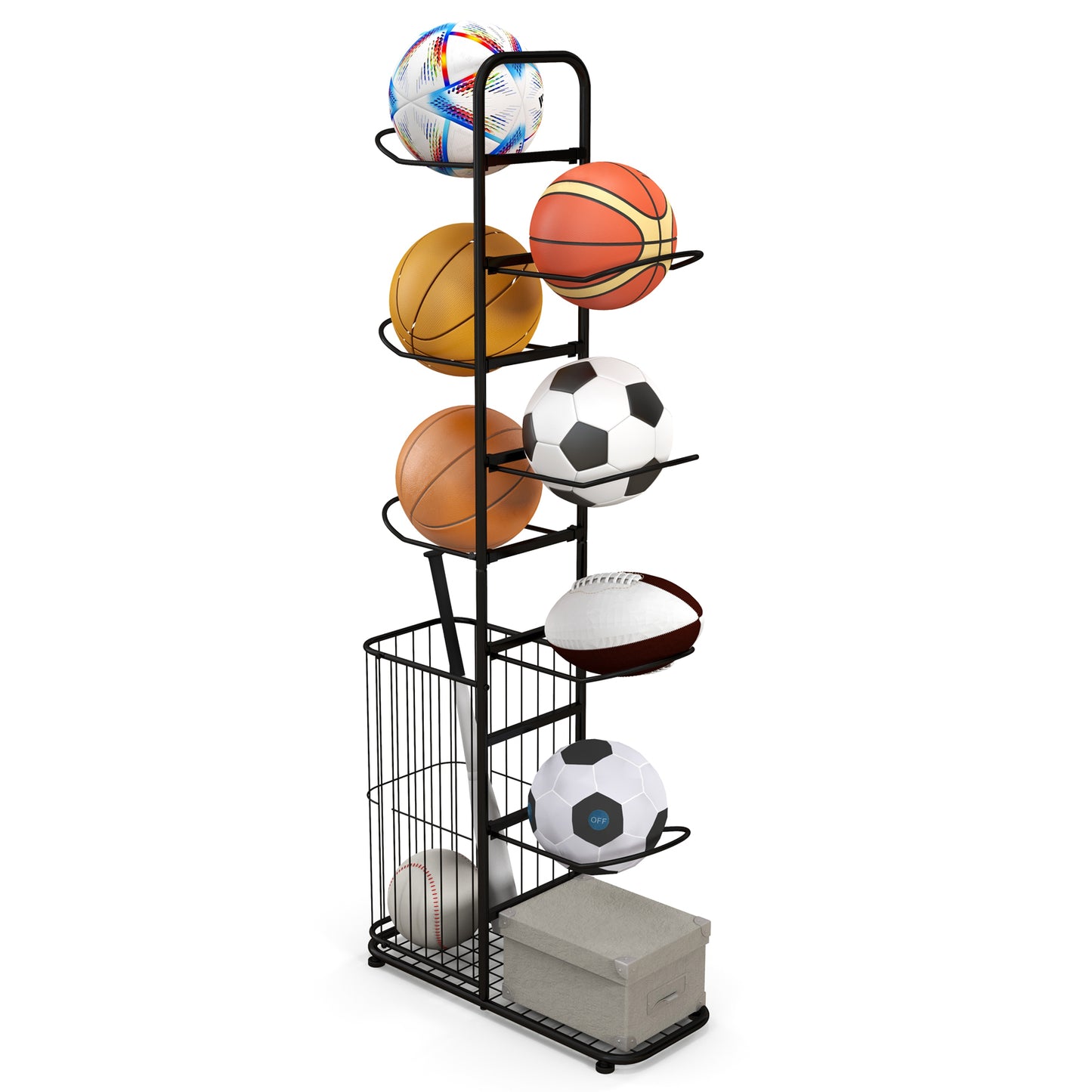 Metal Basketball Holder with 7 Removable Hanging Rods and Side Ball Basket Kids Crystal