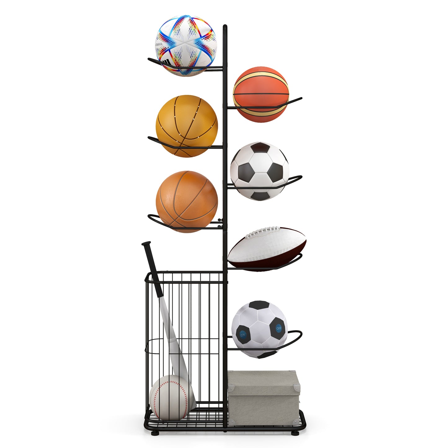 Metal Basketball Holder with 7 Removable Hanging Rods and Side Ball Basket Kids Crystal