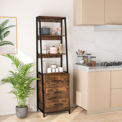 Multifunctional Tall Bookcase with Open Shelves and Storage Drawers-Rustic Brown