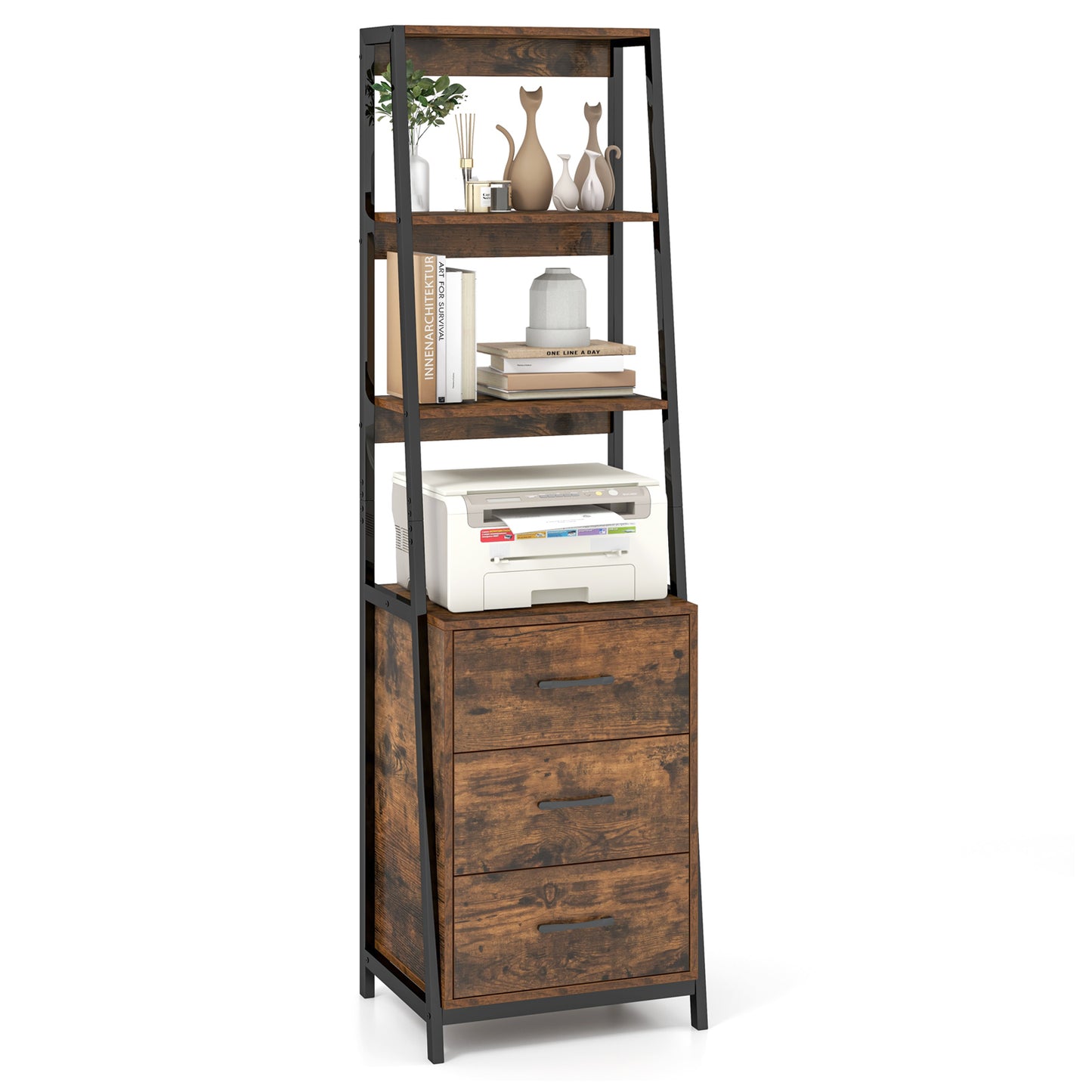 Multifunctional Tall Bookcase with Open Shelves and Storage Drawers-Rustic Brown Kids Crystal