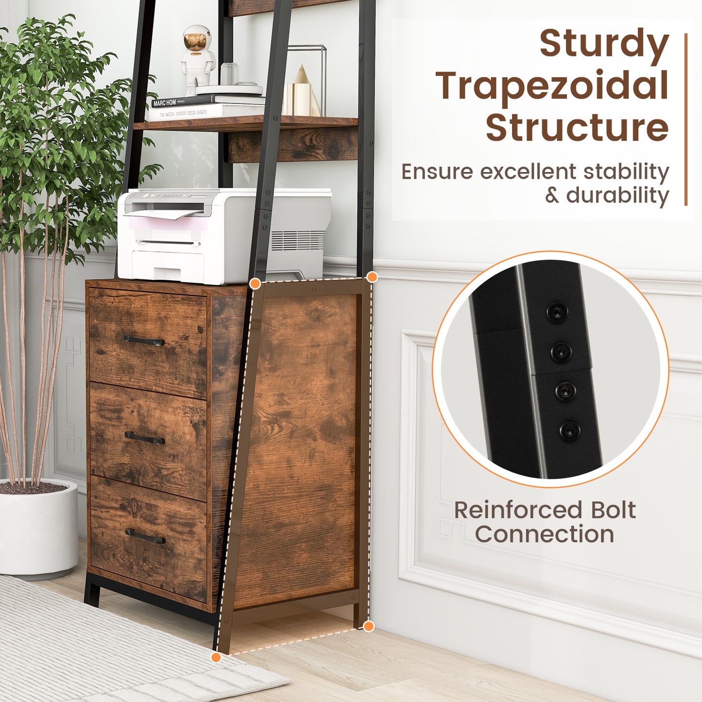 Multifunctional Tall Bookcase with Open Shelves and Storage Drawers-Rustic Brown Kids Crystal