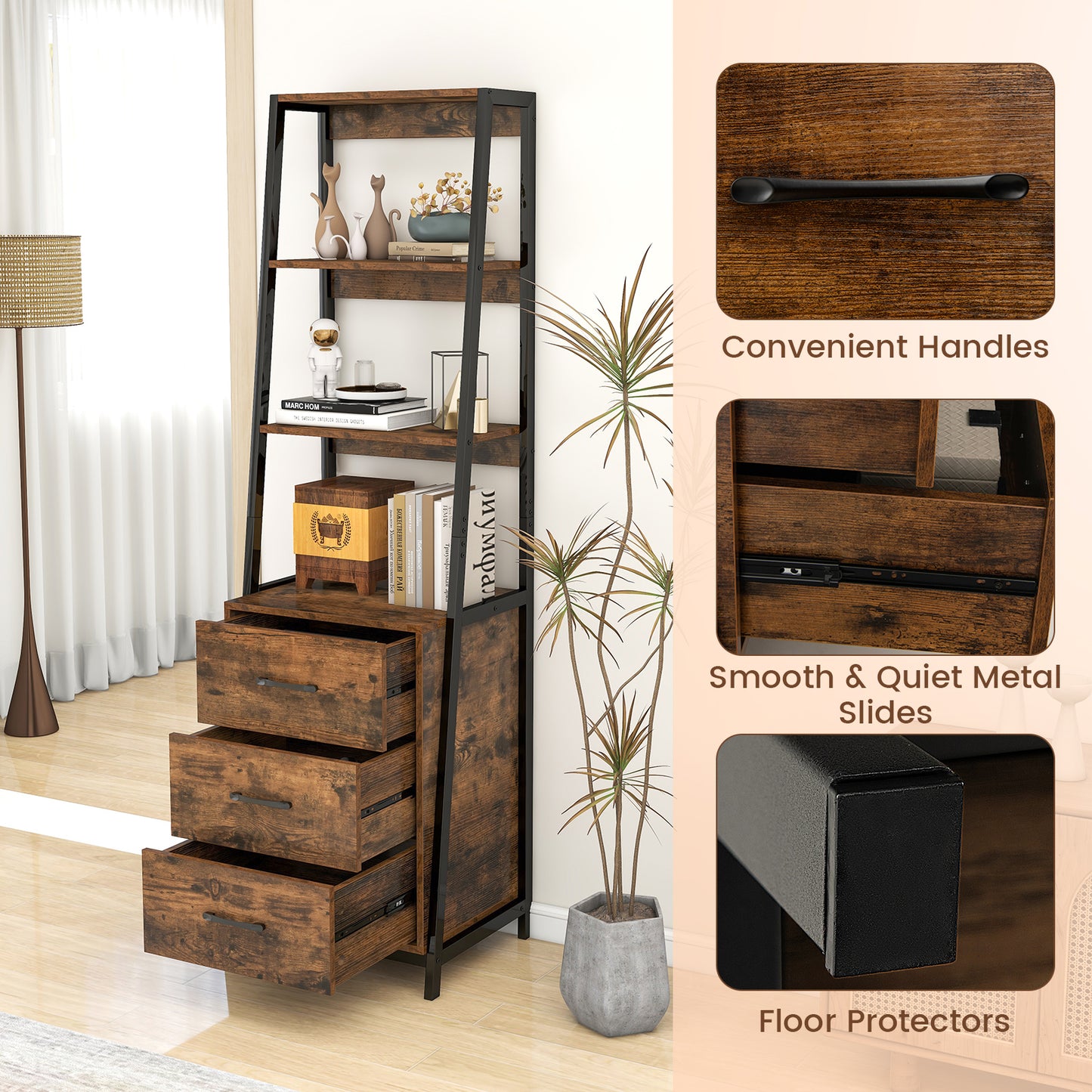 Multifunctional Tall Bookcase with Open Shelves and Storage Drawers-Rustic Brown Kids Crystal