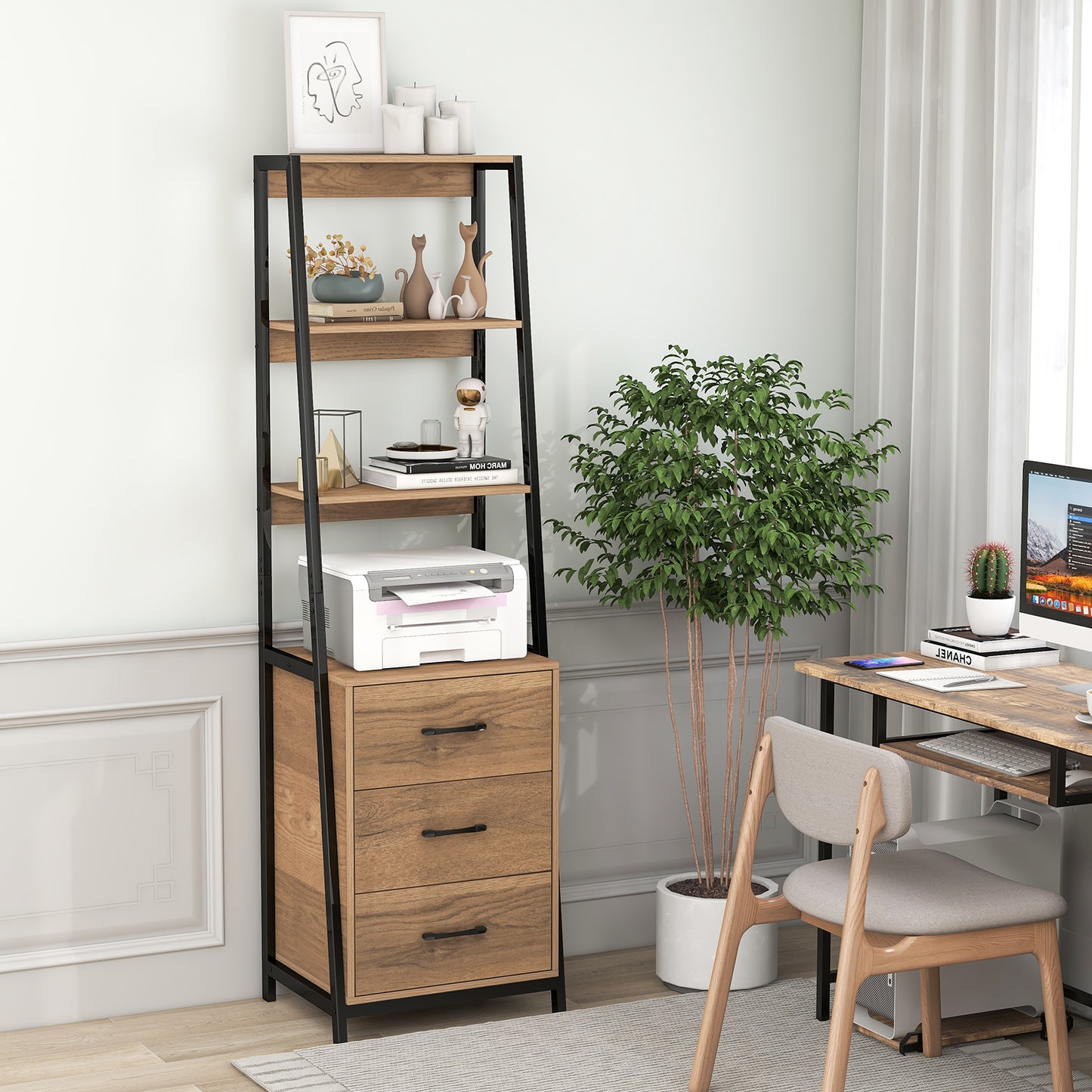 Multifunctional Tall Bookcase with Open Shelves and Storage Drawers-Natural Kids Crystal