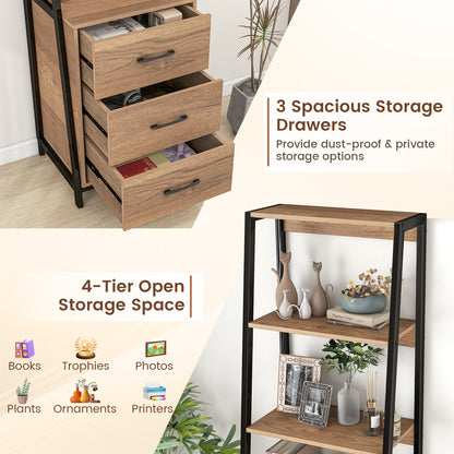 Multifunctional Tall Bookcase with Open Shelves and Storage Drawers-Natural