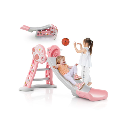 3-in-1 Folding Slide Playset with Basketball Hoop and Small Basketball-Pink Kids Crystal