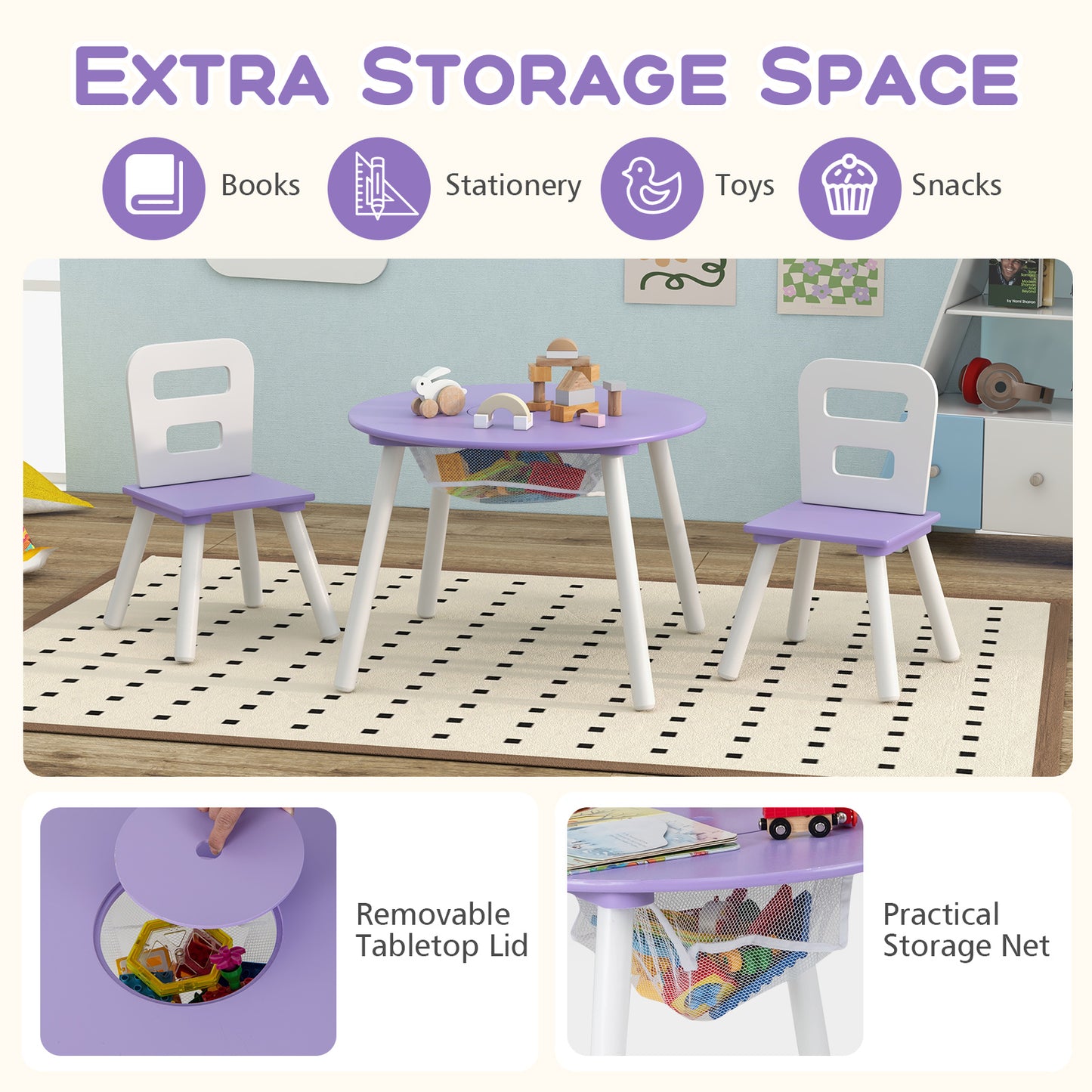Wood Activity Kids Table and Chair Set with Center Mesh Storage-Purple Kids Crystal