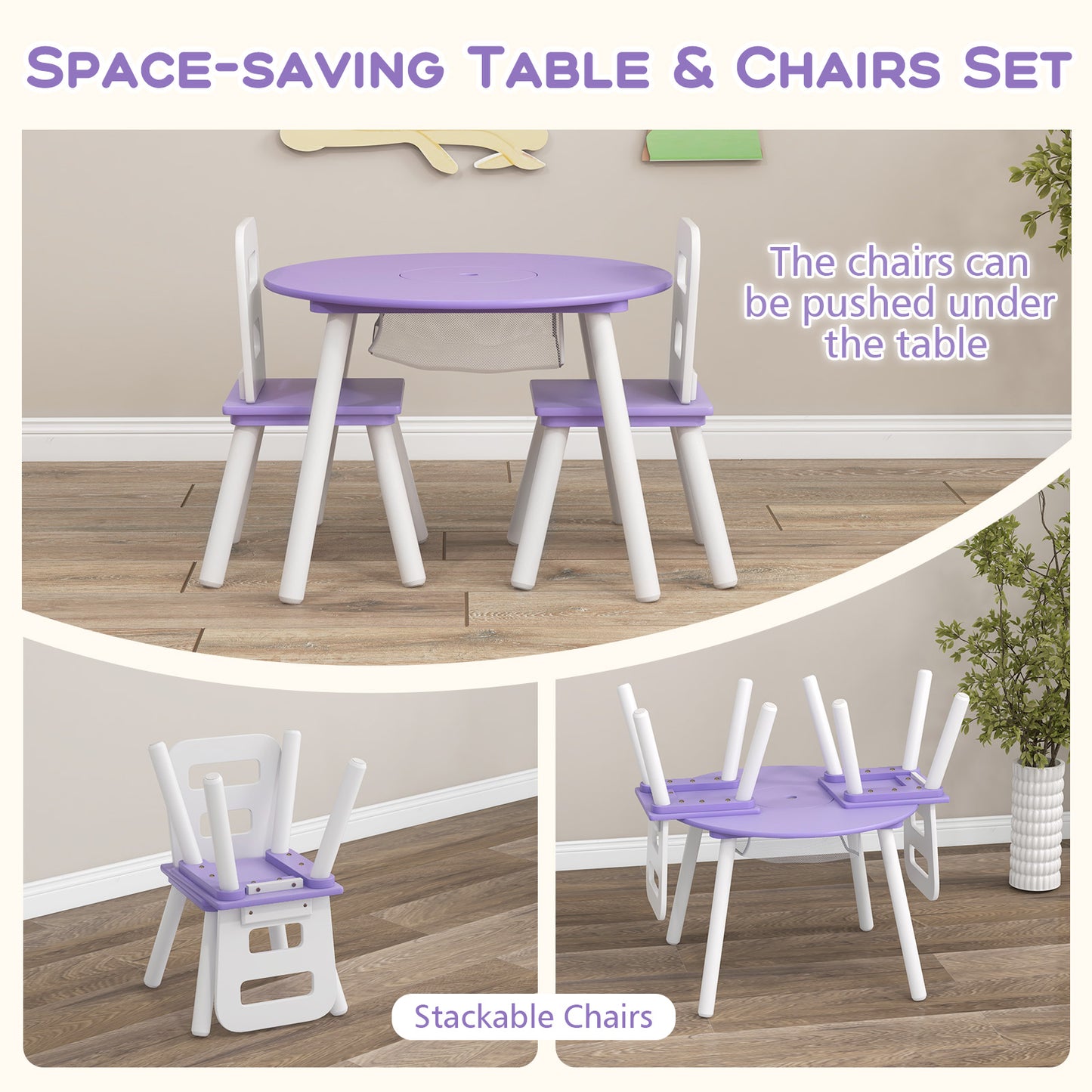 Wood Activity Kids Table and Chair Set with Center Mesh Storage-Purple Kids Crystal