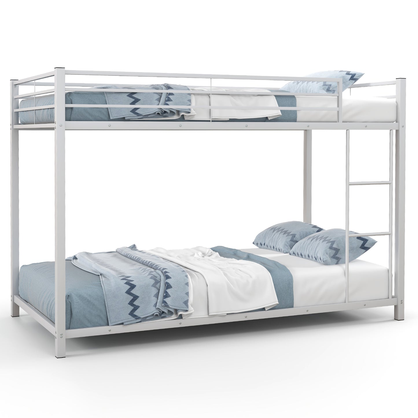Low Profile Twin Over Twin Metal Bunk Bed with Full-length Guardrails-White Kids Crystal
