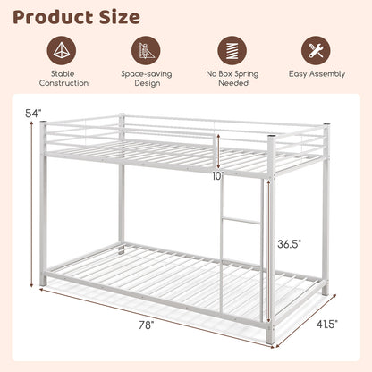 Low Profile Twin Over Twin Metal Bunk Bed with Full-length Guardrails-White