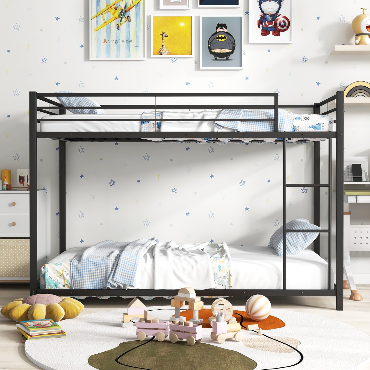 Low Profile Twin Over Twin Metal Bunk Bed with Full-length Guardrails-Black Kids Crystal
