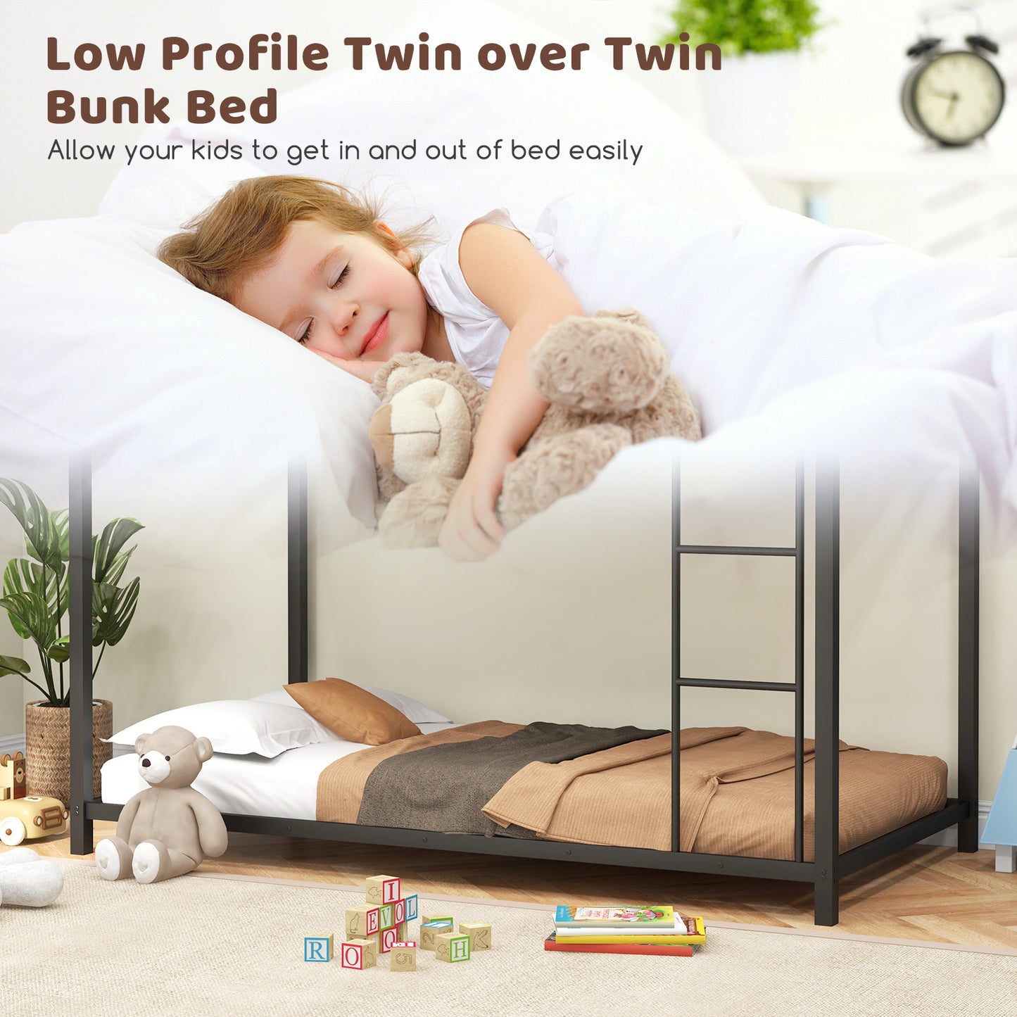 Low Profile Twin Over Twin Metal Bunk Bed with Full-length Guardrails-Black Kids Crystal