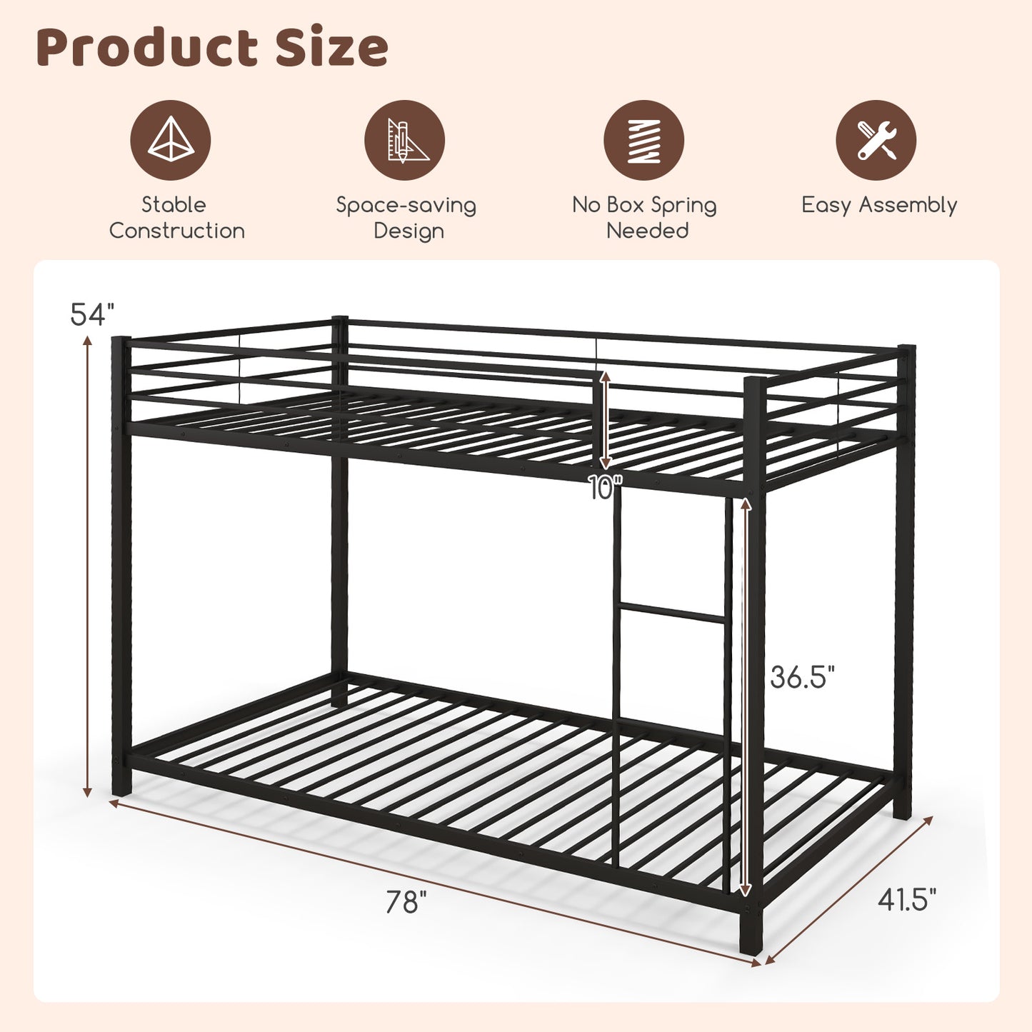 Low Profile Twin Over Twin Metal Bunk Bed with Full-length Guardrails-Black Kids Crystal