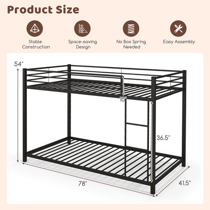 Low Profile Twin Over Twin Metal Bunk Bed with Full-length Guardrails-Black