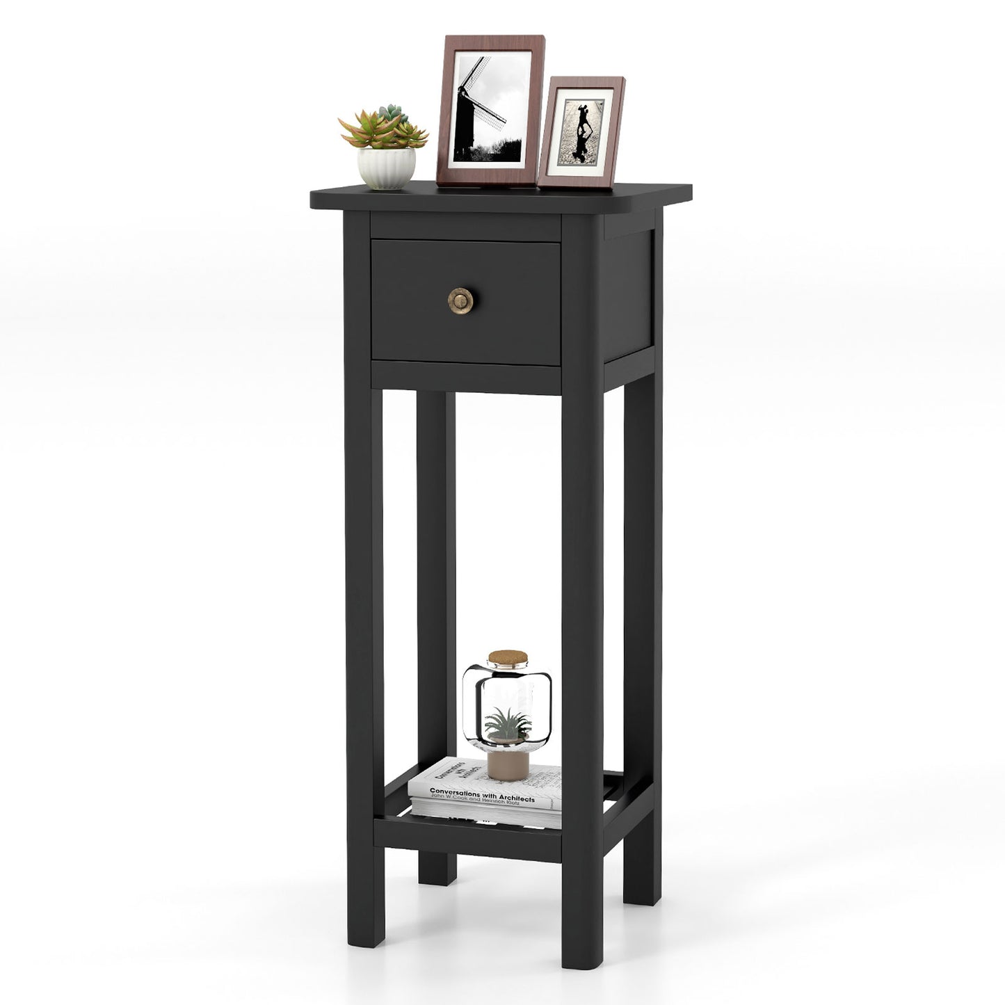 2 Tier Slim Nightstand Bedside Table with Drawer Shelf-Black Kids Crystal