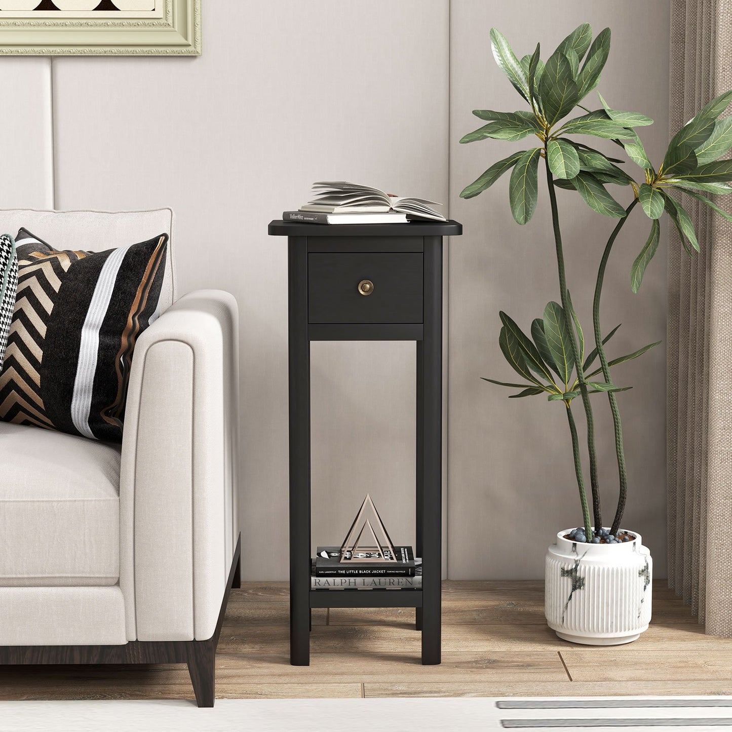 2 Tier Slim Nightstand Bedside Table with Drawer Shelf-Black Kids Crystal