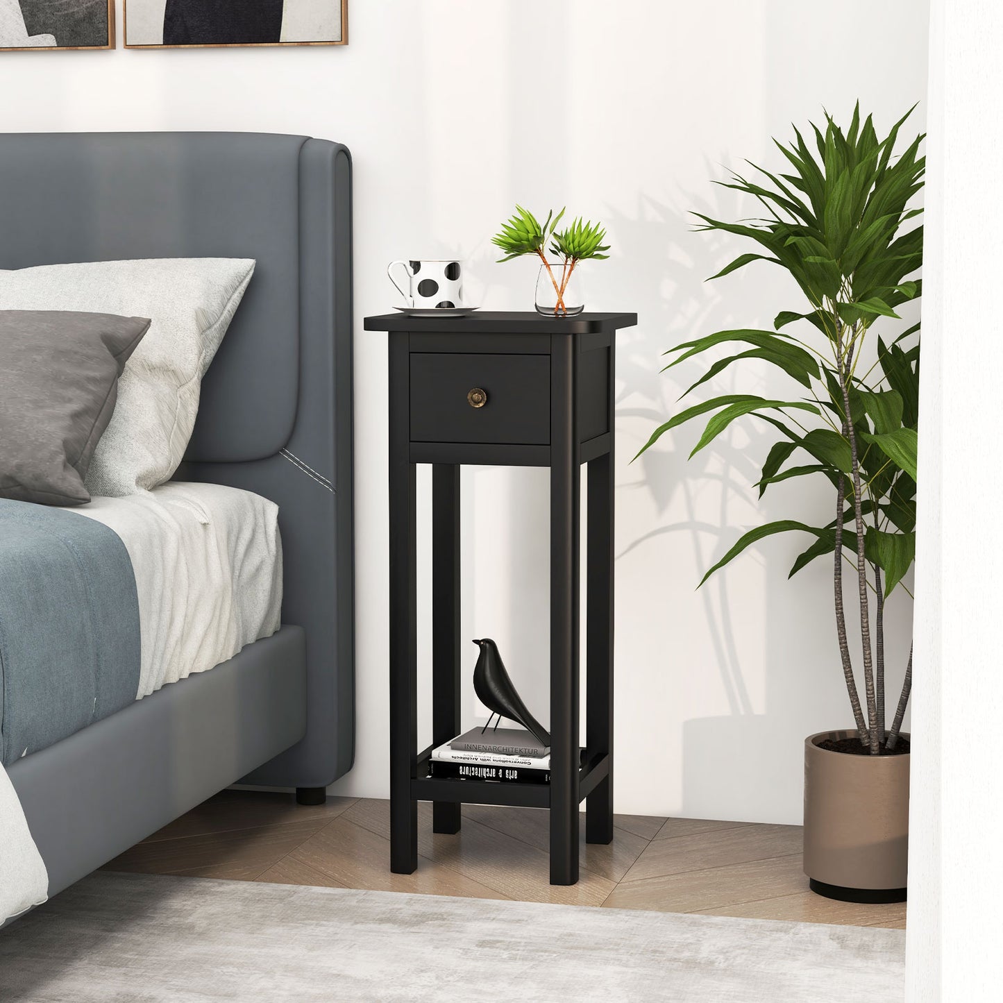2 Tier Slim Nightstand Bedside Table with Drawer Shelf-Black Kids Crystal
