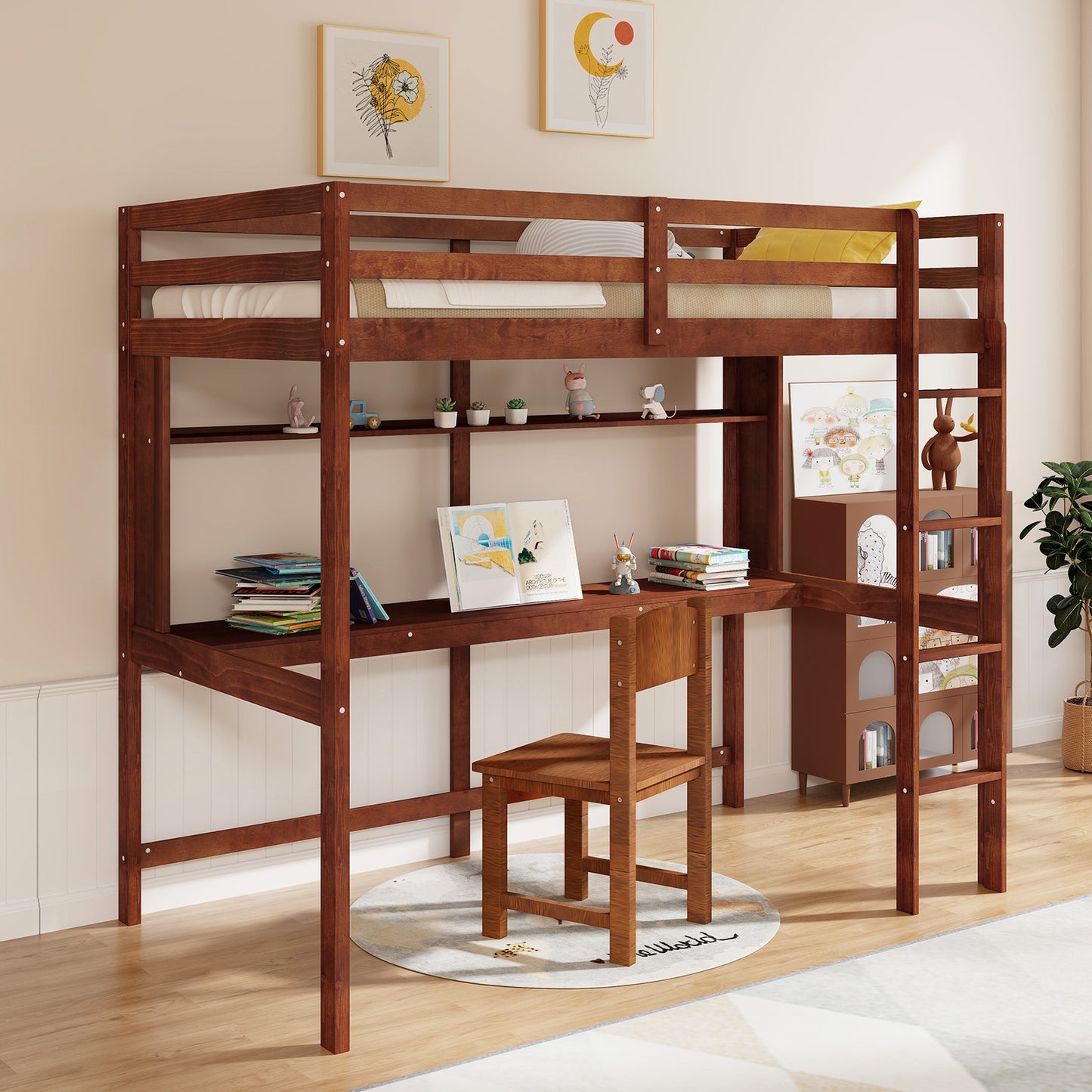 Twin Size Solid Wood Slatted Loft Bed Frame with Safety Guardrail for Kid-Brown Kids Crystal