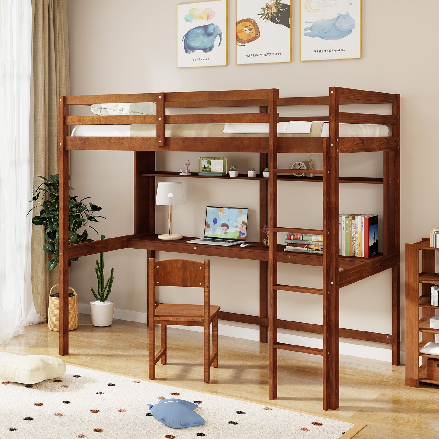 Twin Size Solid Wood Slatted Loft Bed Frame with Safety Guardrail for Kid-Brown Kids Crystal