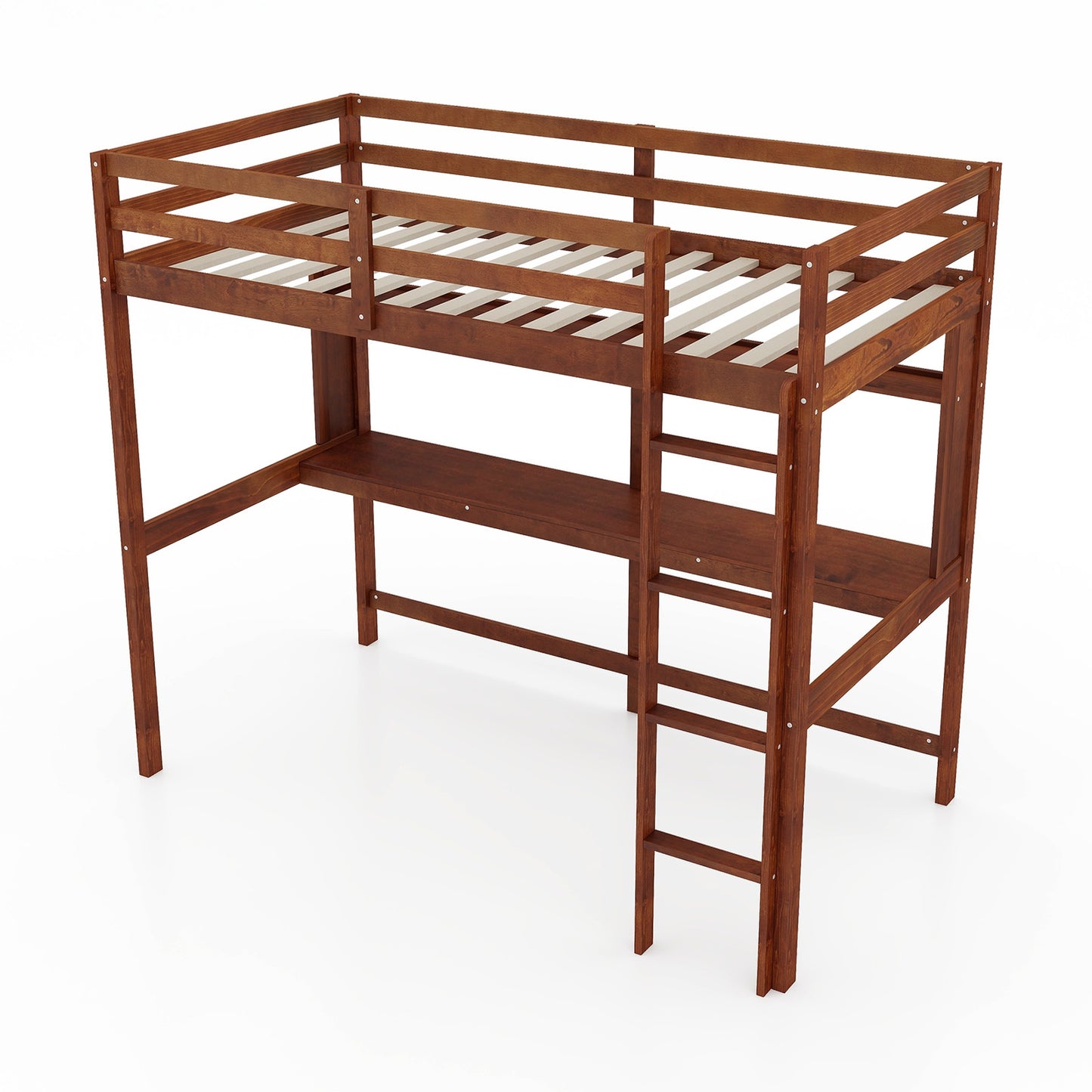 Twin Size Solid Wood Slatted Loft Bed Frame with Safety Guardrail for Kid-Brown Kids Crystal