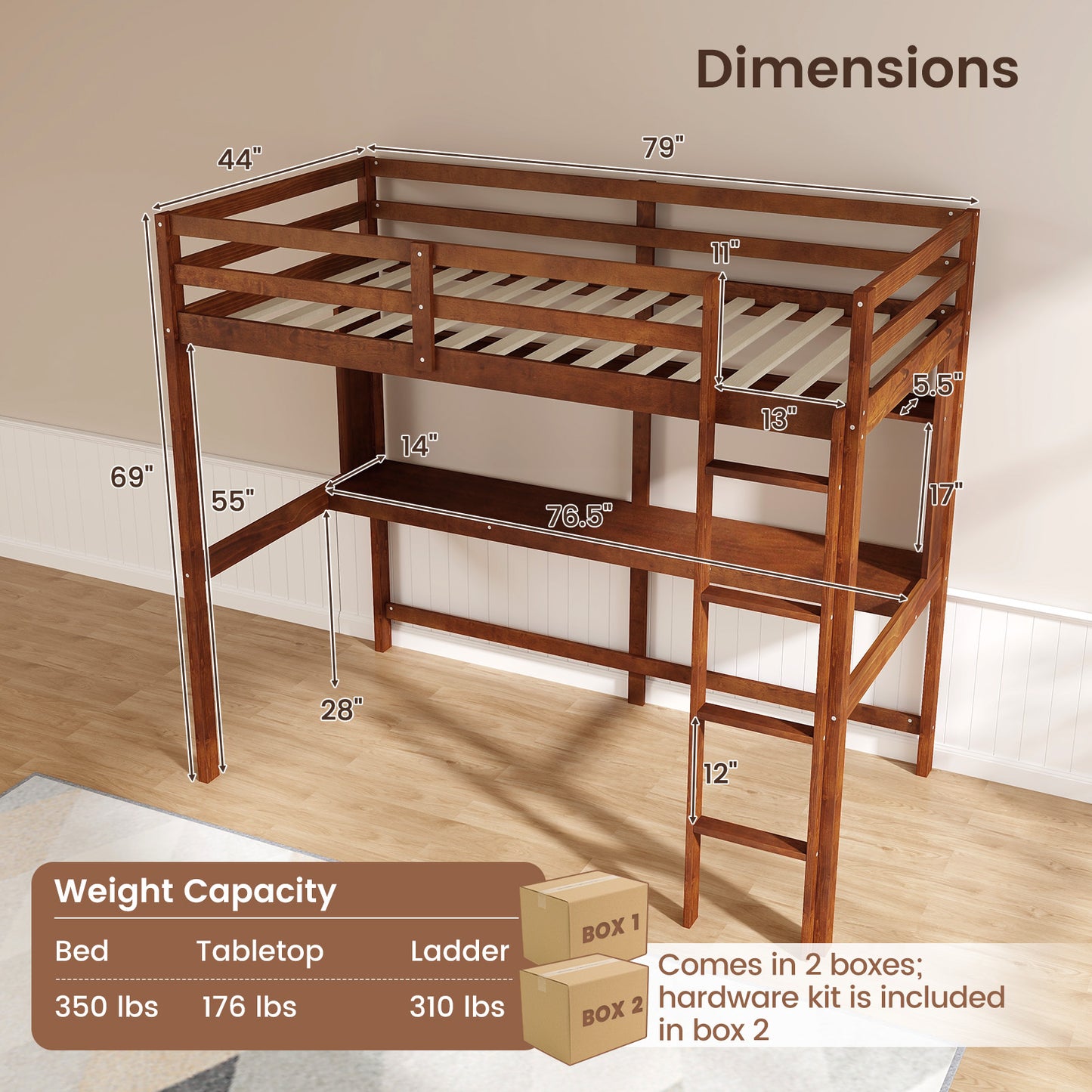 Twin Size Solid Wood Slatted Loft Bed Frame with Safety Guardrail for Kid-Brown Kids Crystal