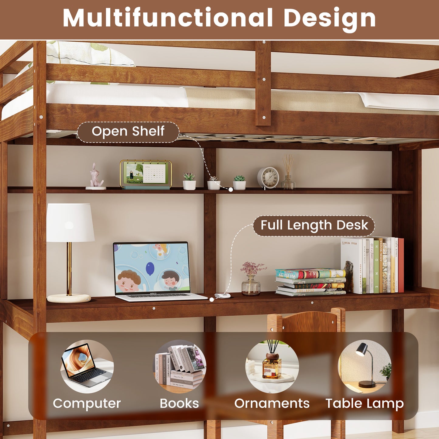 Twin Size Solid Wood Slatted Loft Bed Frame with Safety Guardrail for Kid-Brown Kids Crystal