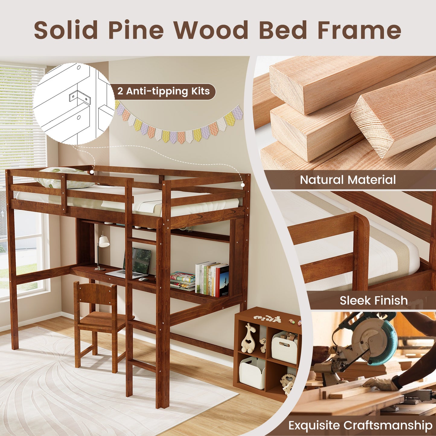 Twin Size Solid Wood Slatted Loft Bed Frame with Safety Guardrail for Kid-Brown Kids Crystal