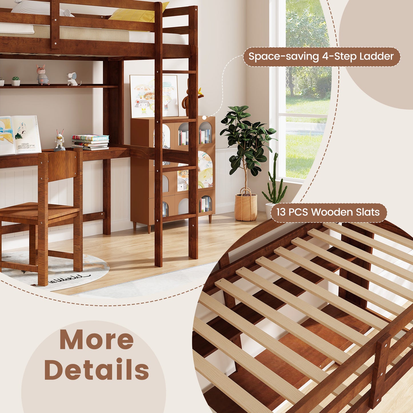 Twin Size Solid Wood Slatted Loft Bed Frame with Safety Guardrail for Kid-Brown Kids Crystal